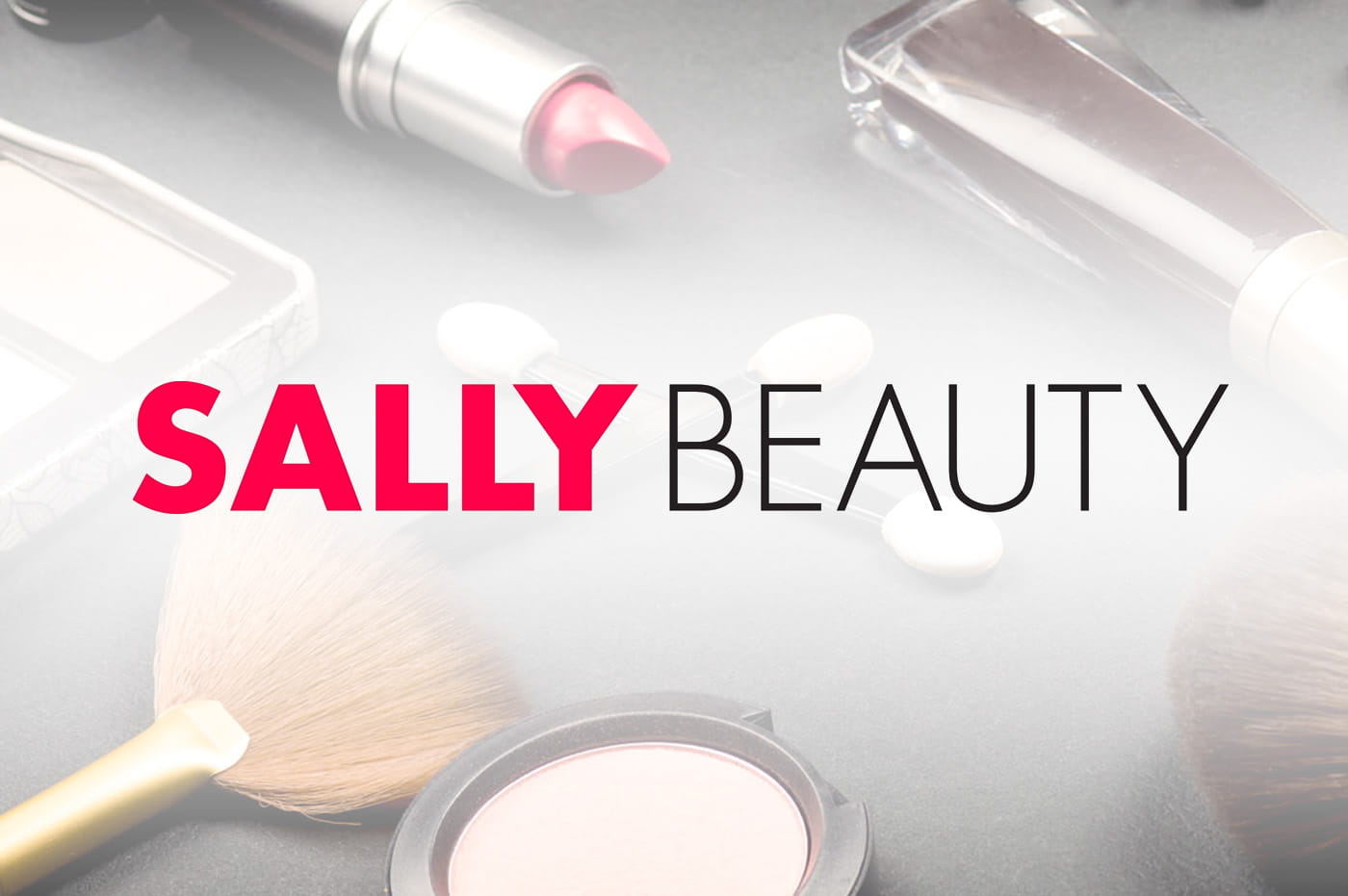 Sally Beauty logo on a background showing makeup products.