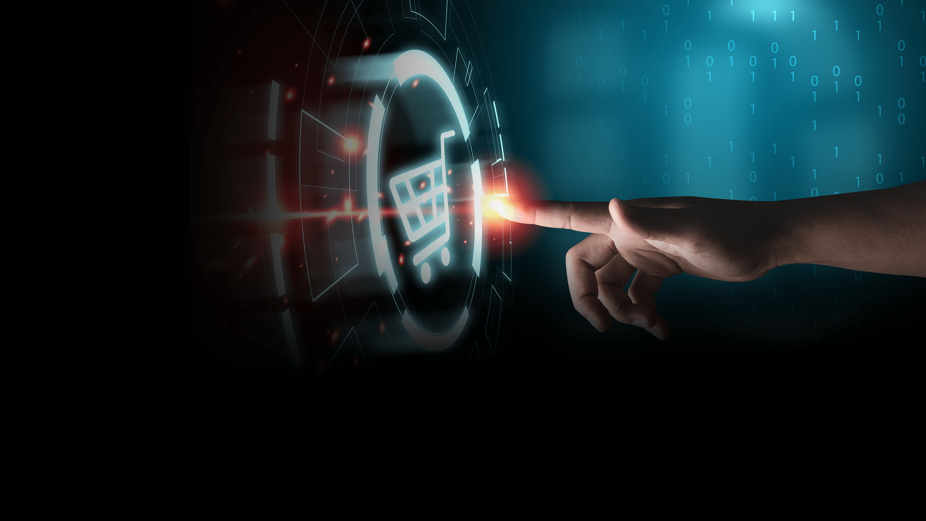 Hand clicking on a shopping cart symbol. 