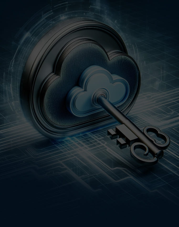 A key fitting into a cloud-shaped lock, mobile hero.
