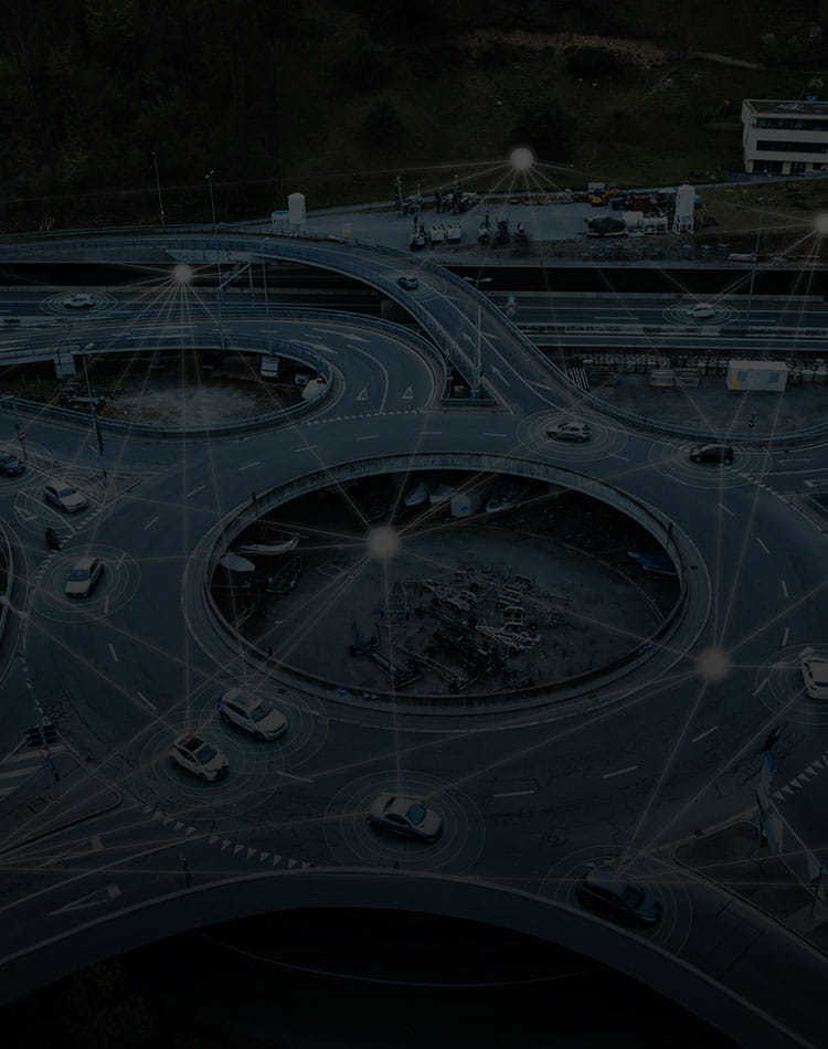 Cars driving in a roundabout connected by datapoints.
