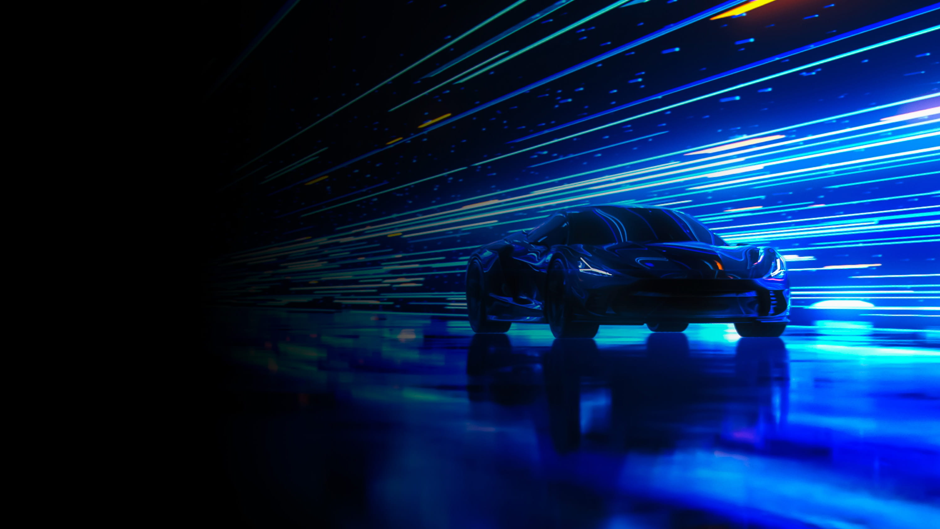 A car driving through a tunnel with blue lights.