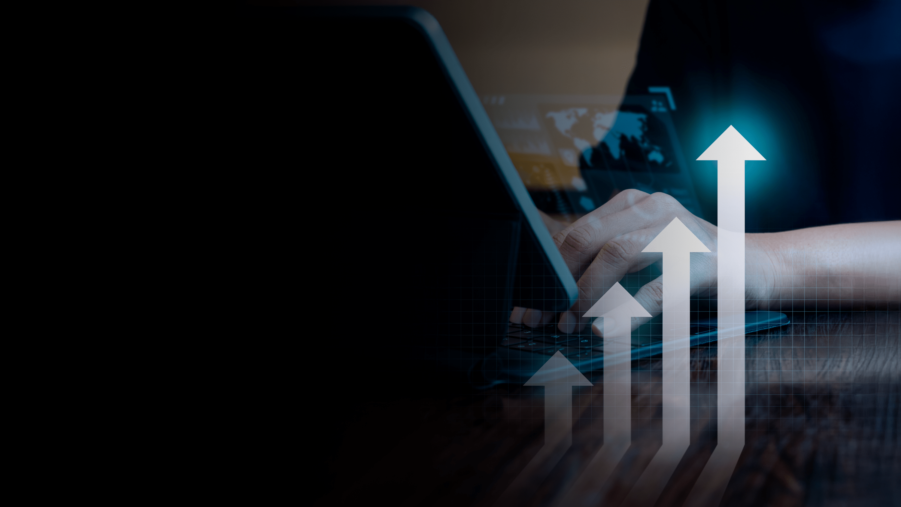 Computer with map and increasing chart.