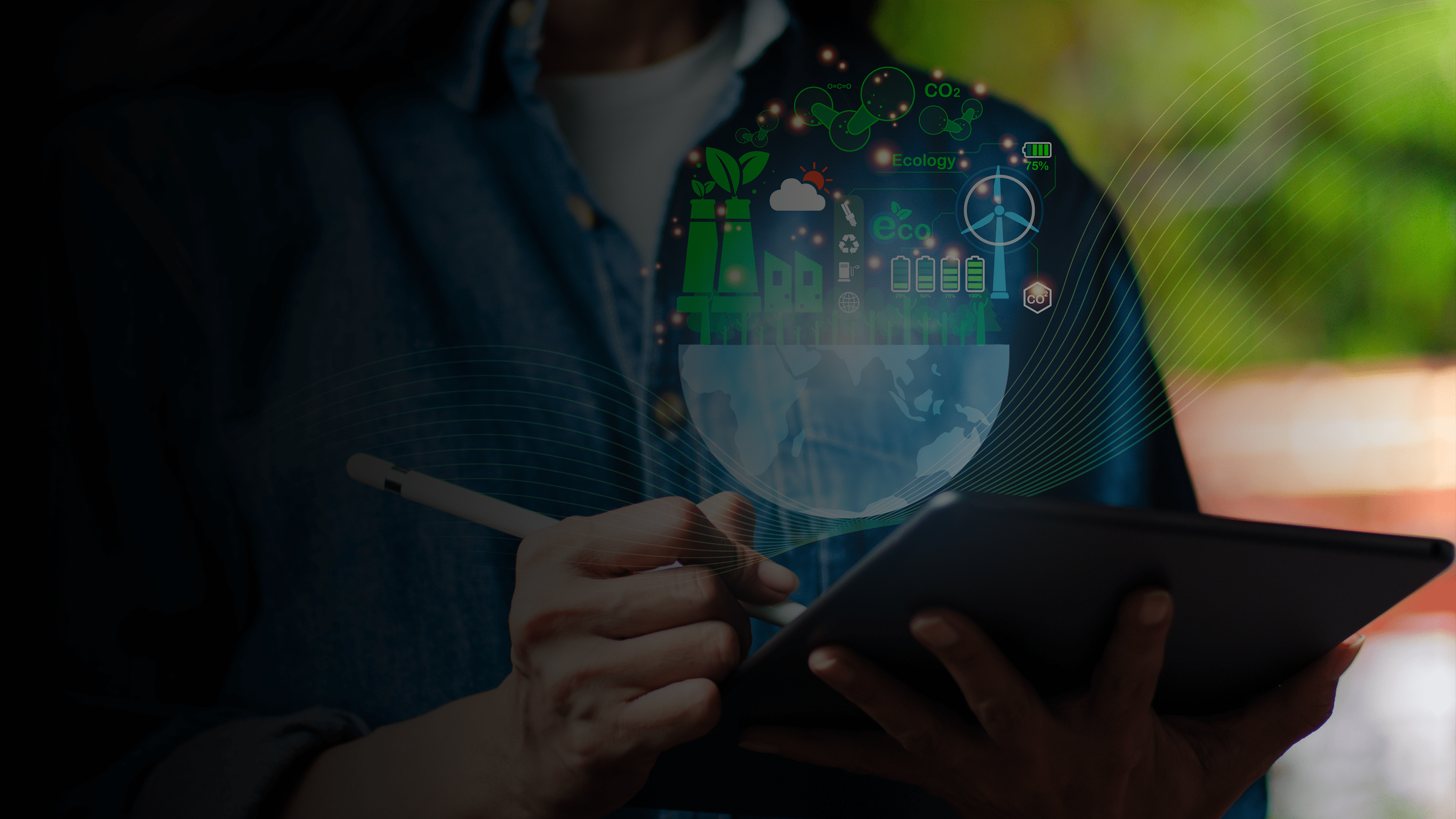 Person working on a tablet with a tech graphic above it 