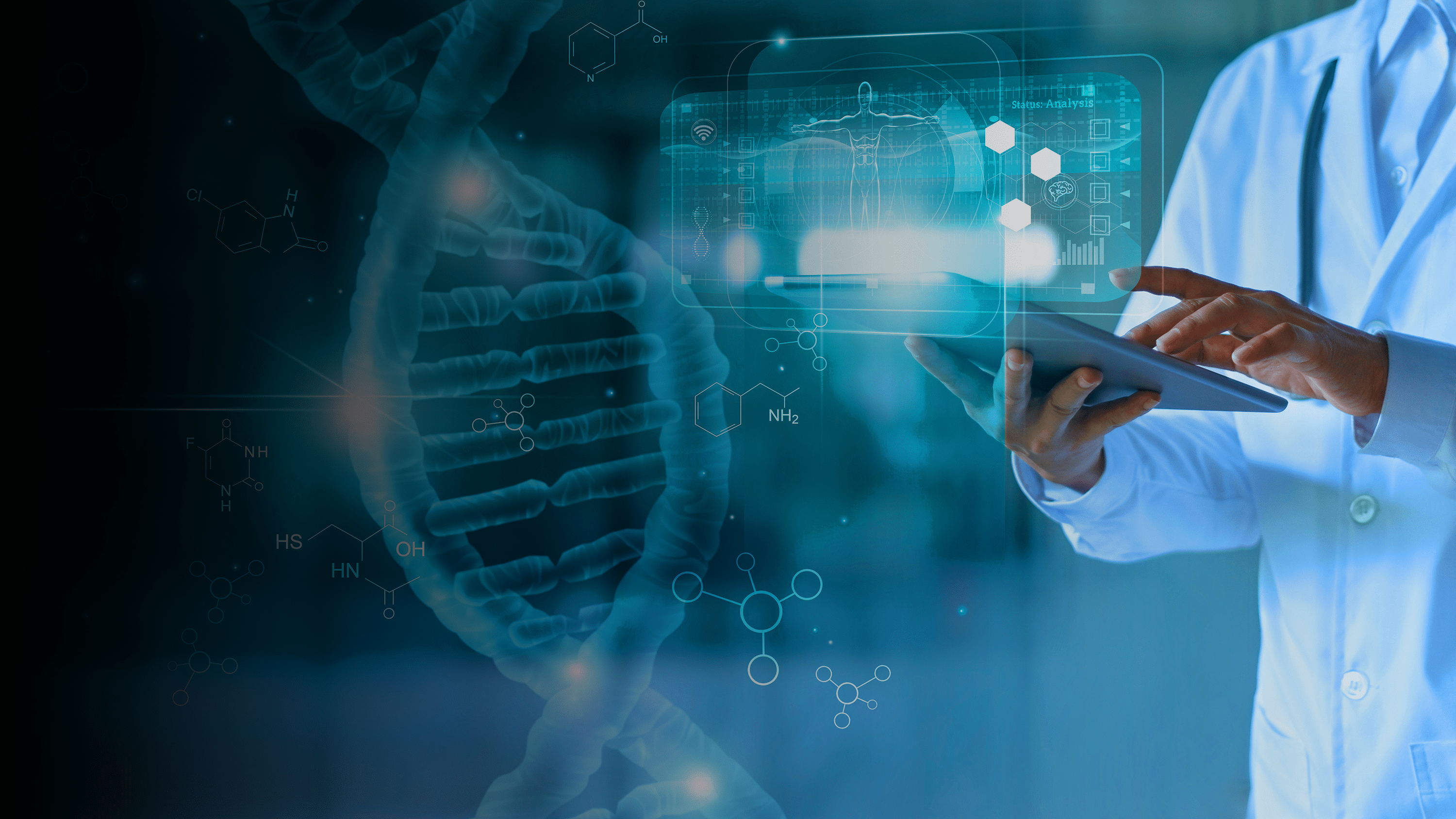 Doctor working on a tablet device with tech floating above it 