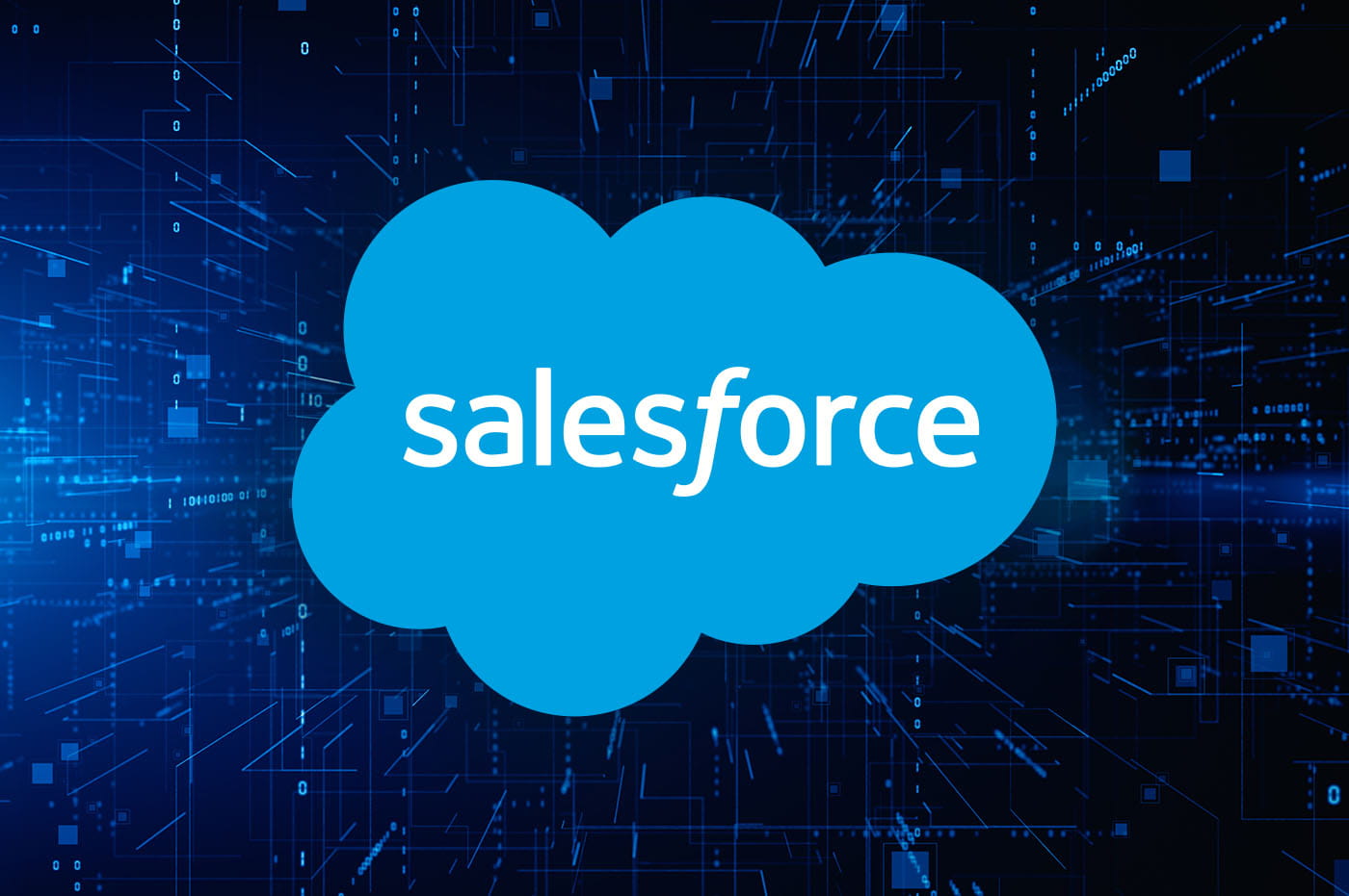 Salesforce logo on digital blue background.