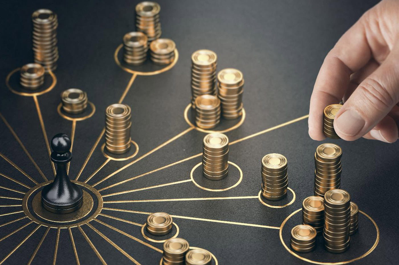 A pawn chess piece leading to several piles of different amounts of coins. 