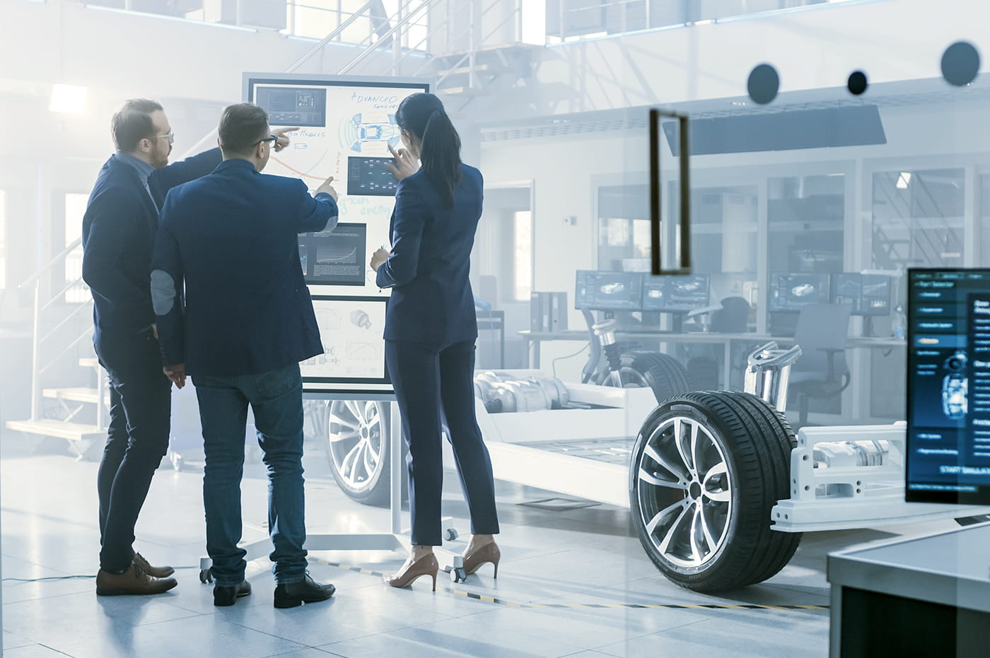 A group of businessmen and woman looking at a chart on a tv in a lab. 