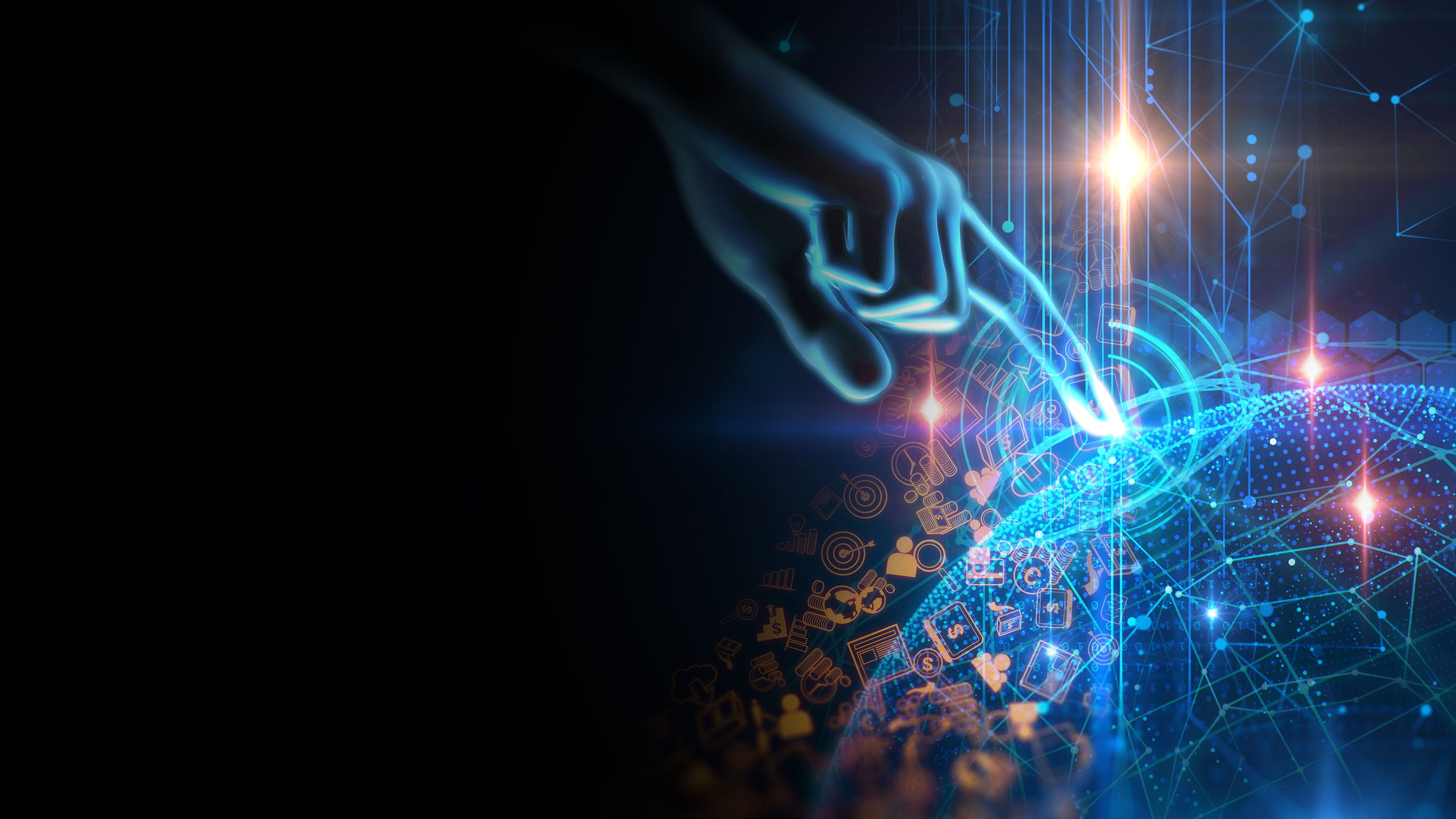 A digital hand pressing on a globe 