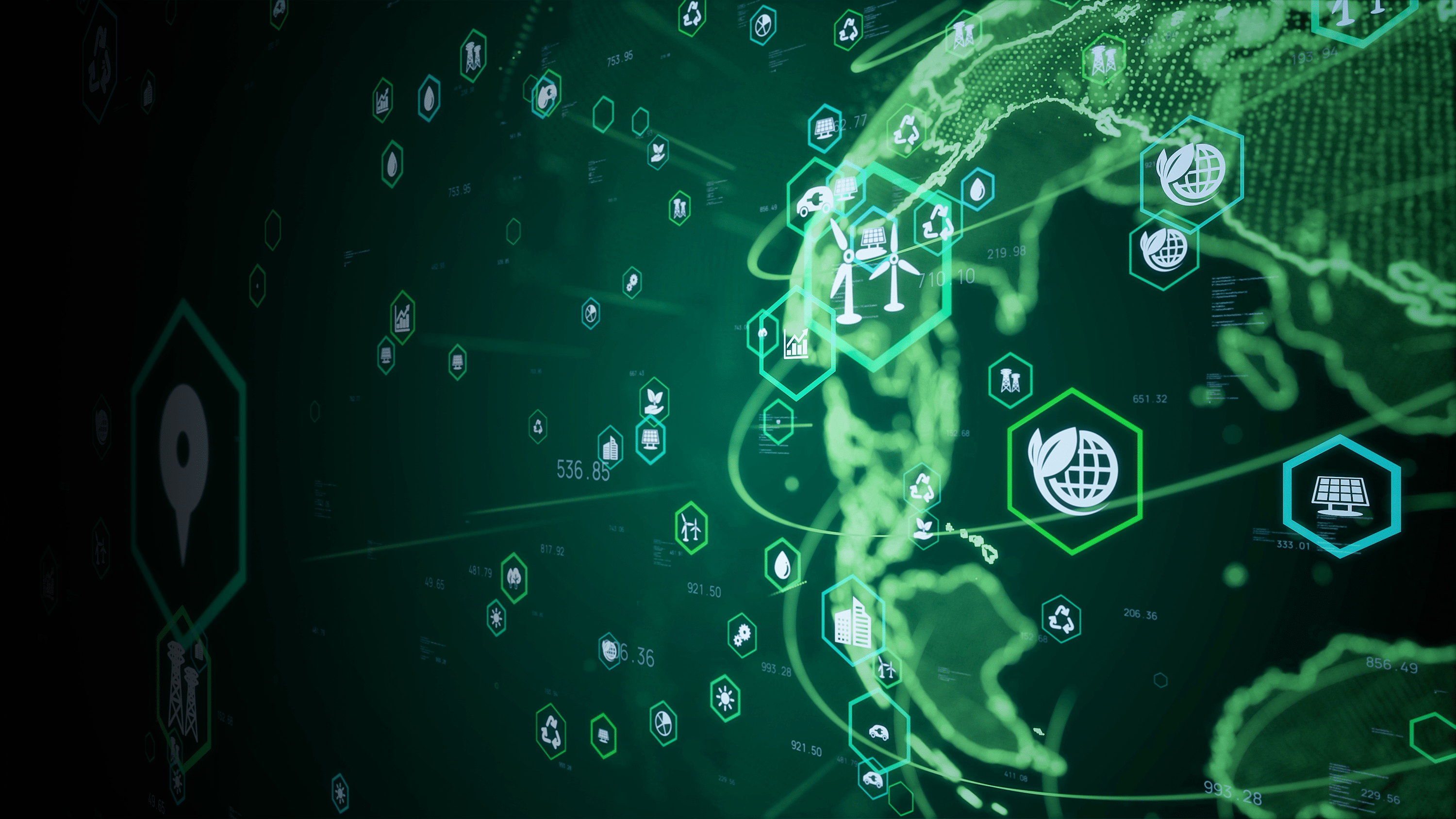 A digital globe with icons floating around it