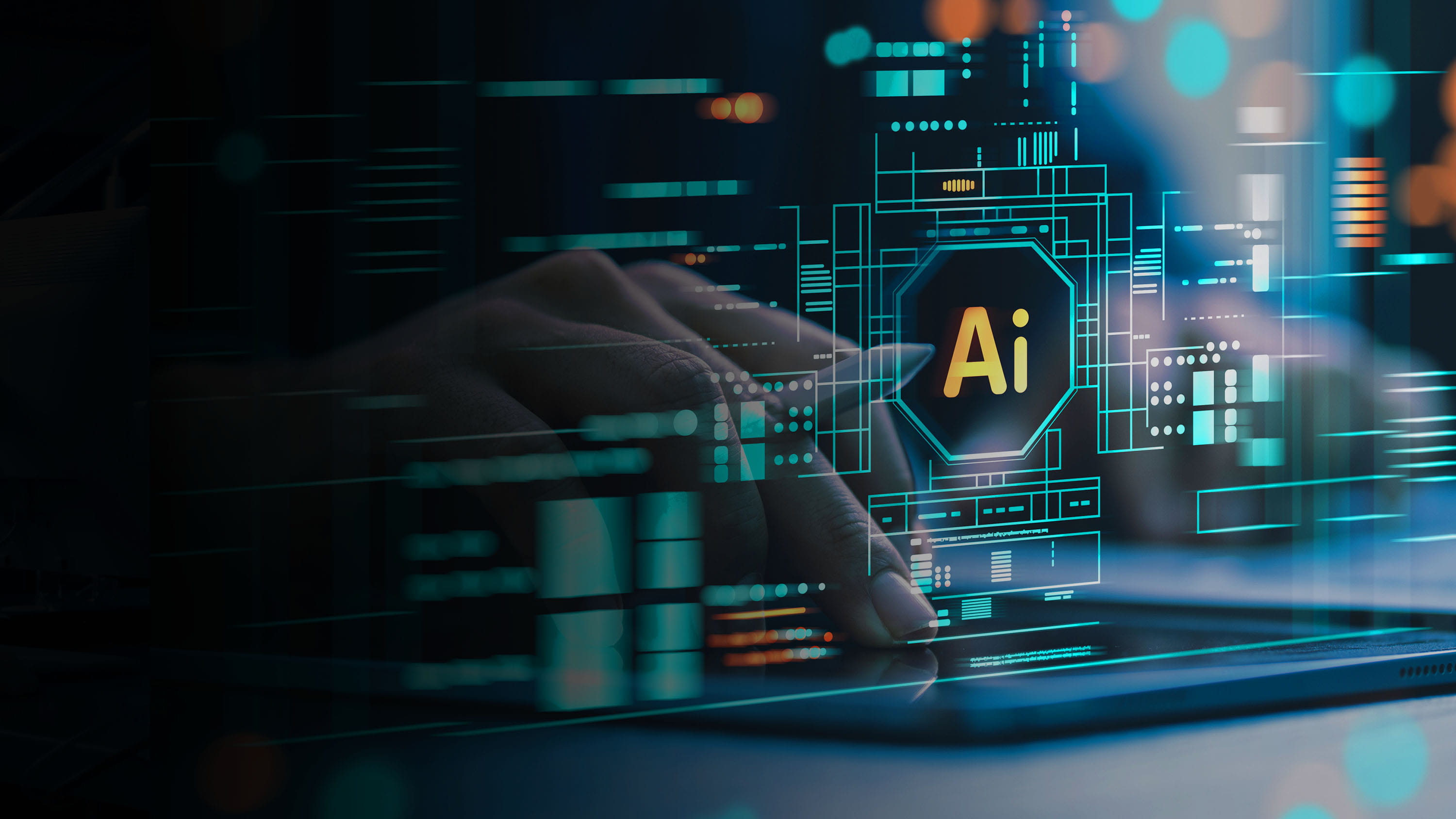 AI-powered product engineering. AI code and development on laptop.