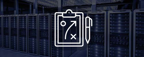 Strategy clipboard on abstracted computer servers background.