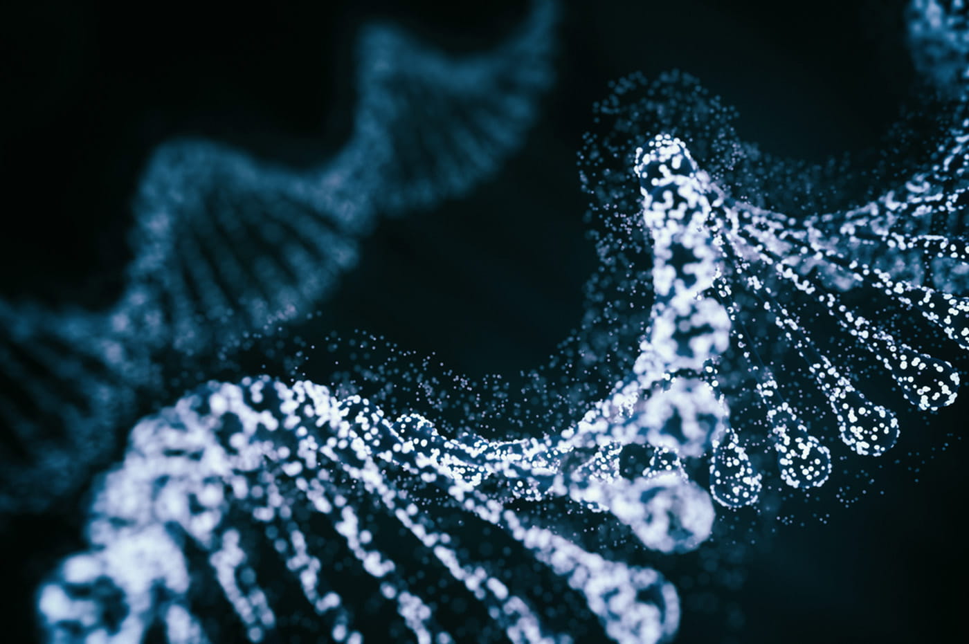 Two DNA helixes made from glowing dots.